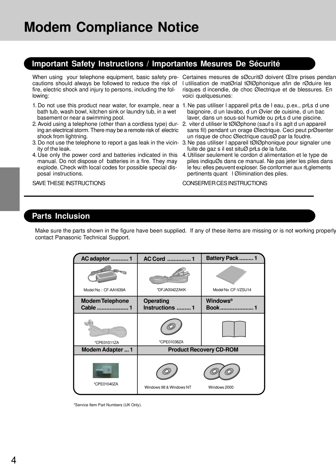 Panasonic CF-72 Parts Inclusion, AC Cord Battery Pack, Operating Windows, Instructions, Modem Adapter 