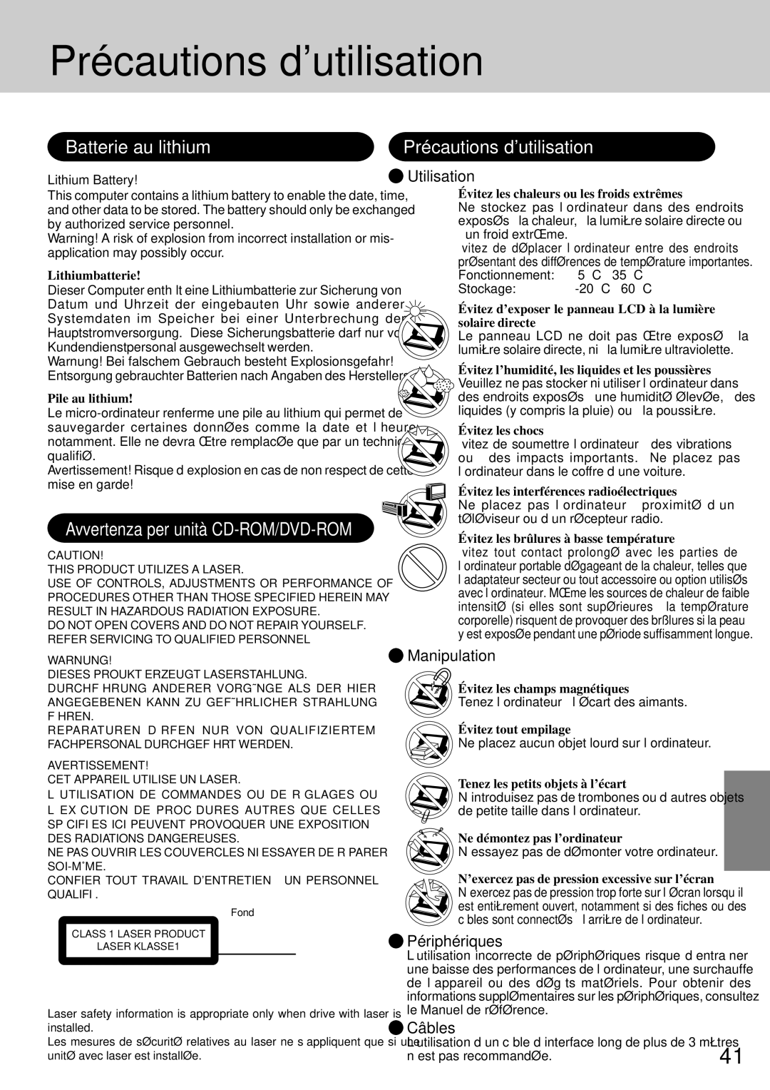 Panasonic CF-72 operating instructions Précautions d’utilisation, Batterie au lithium 