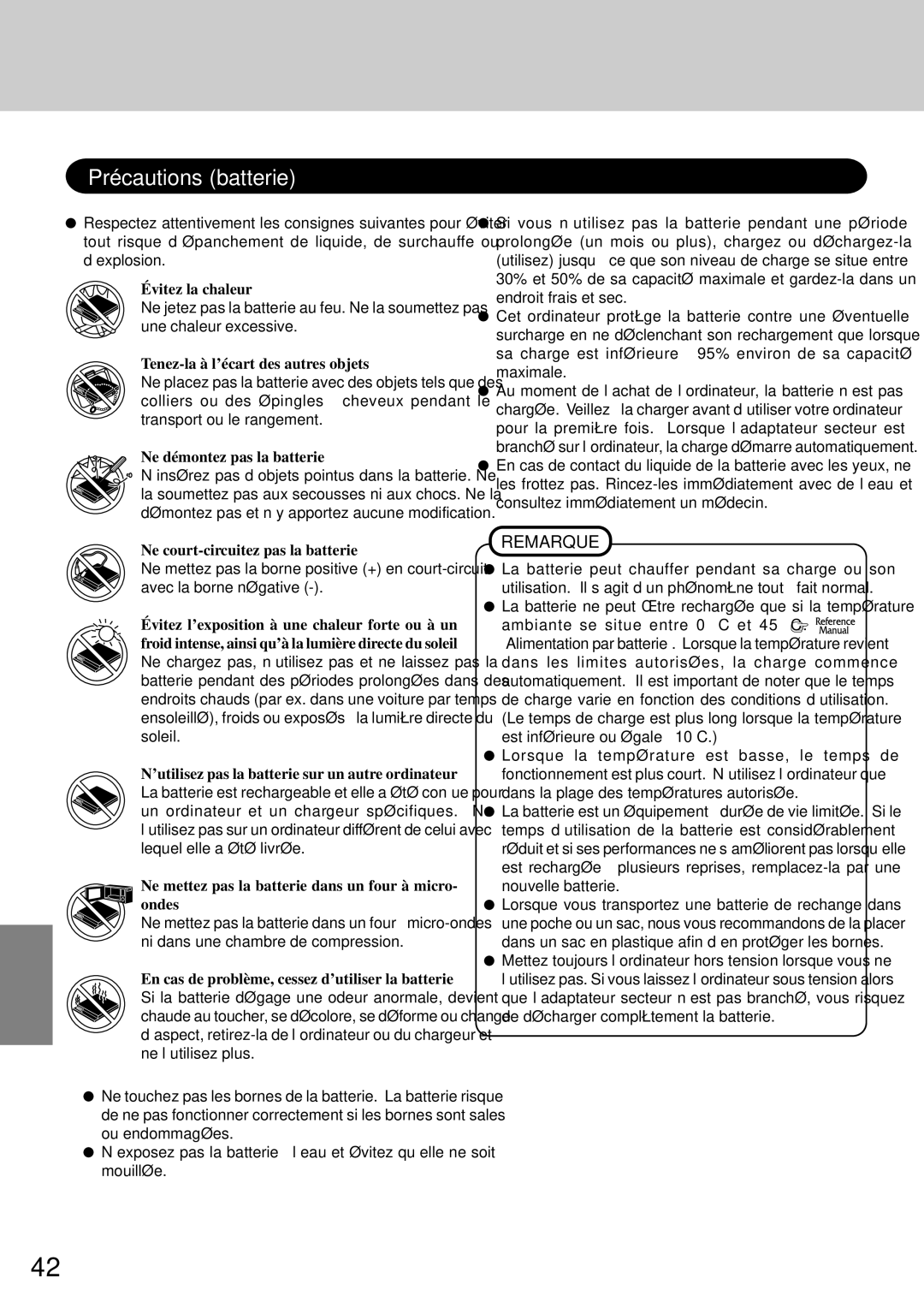 Panasonic CF-72 operating instructions Précautions batterie 