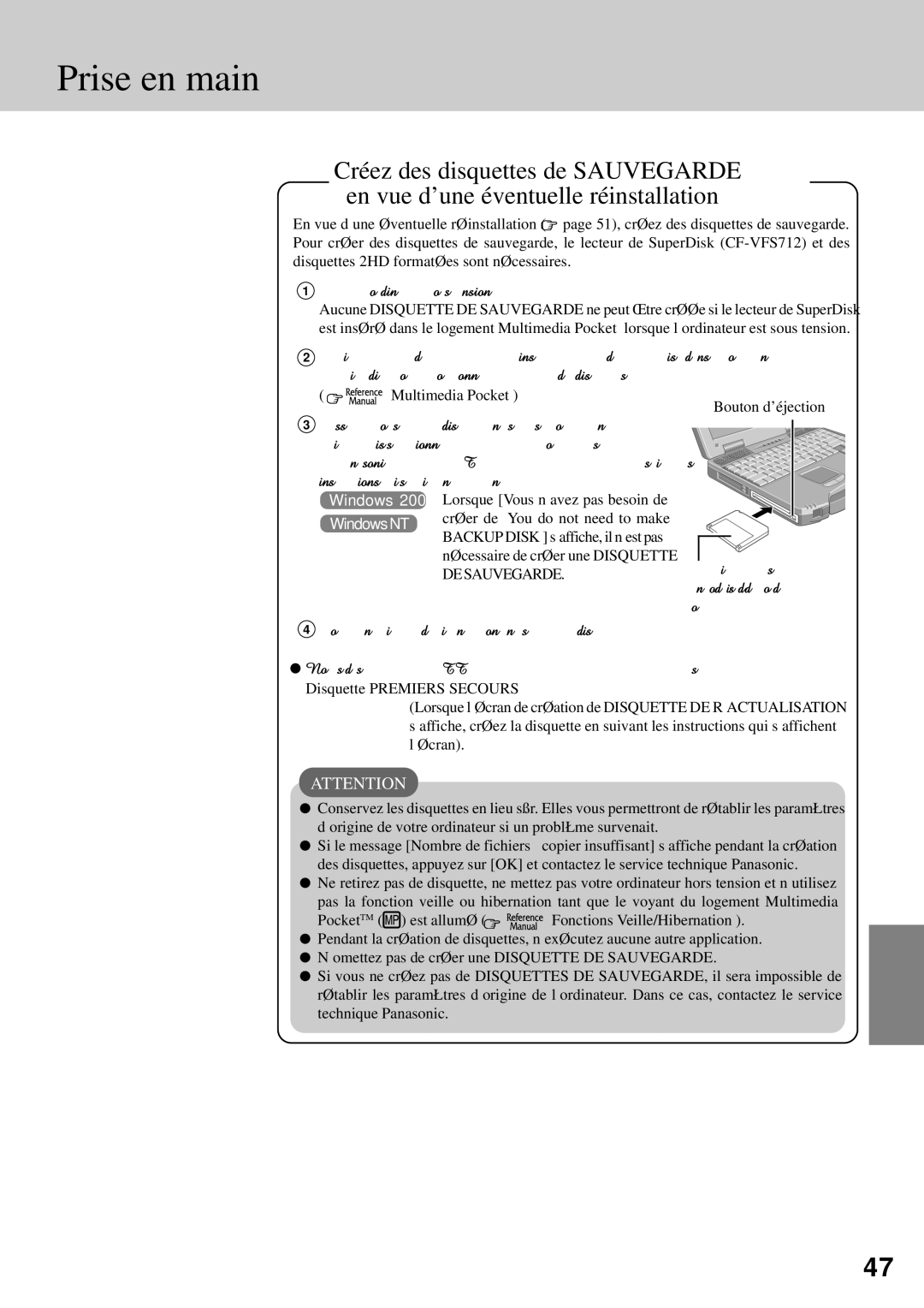 Panasonic CF-72 operating instructions Mettez l’ordinateur hors tension, Bouton d’éjection 