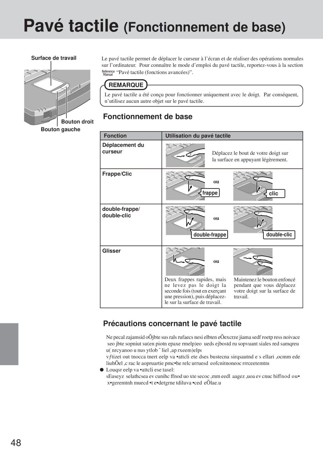 Panasonic CF-72 operating instructions Pavé tactileFonctionnement de base, Précautions concernant le pavé tactile 