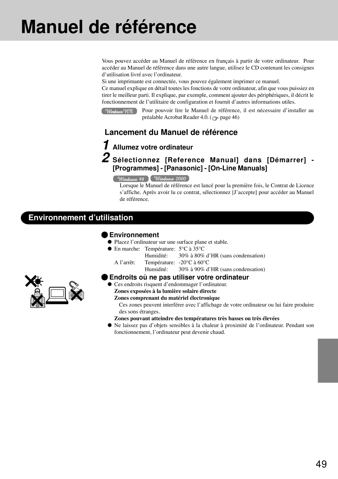 Panasonic CF-72 Manuel de référence, Environnement d’utilisation, Endroits où ne pas utiliser votre ordinateur 