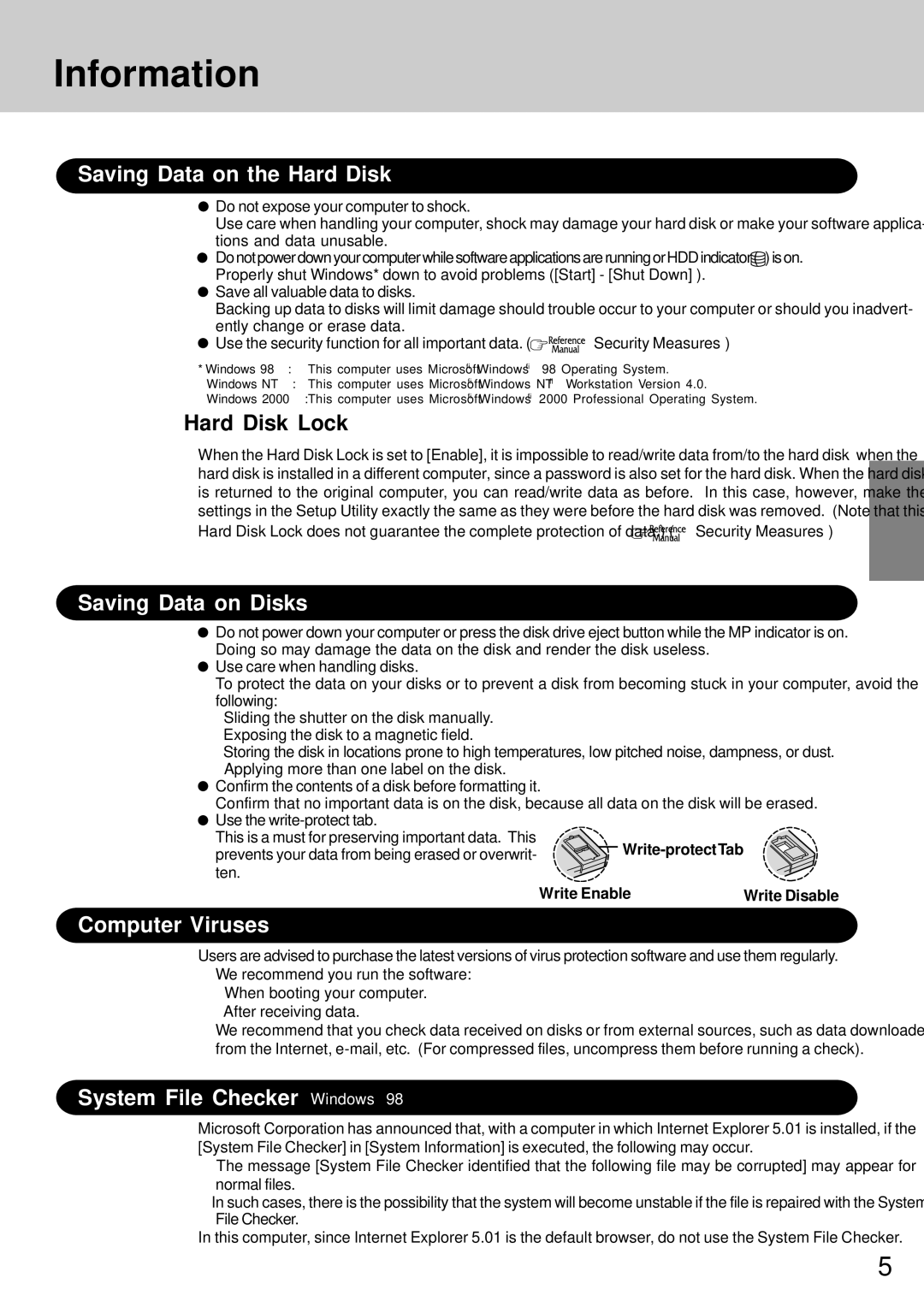 Panasonic CF-72 operating instructions Information, Saving Data on the Hard Disk, Saving Data on Disks, Computer Viruses 