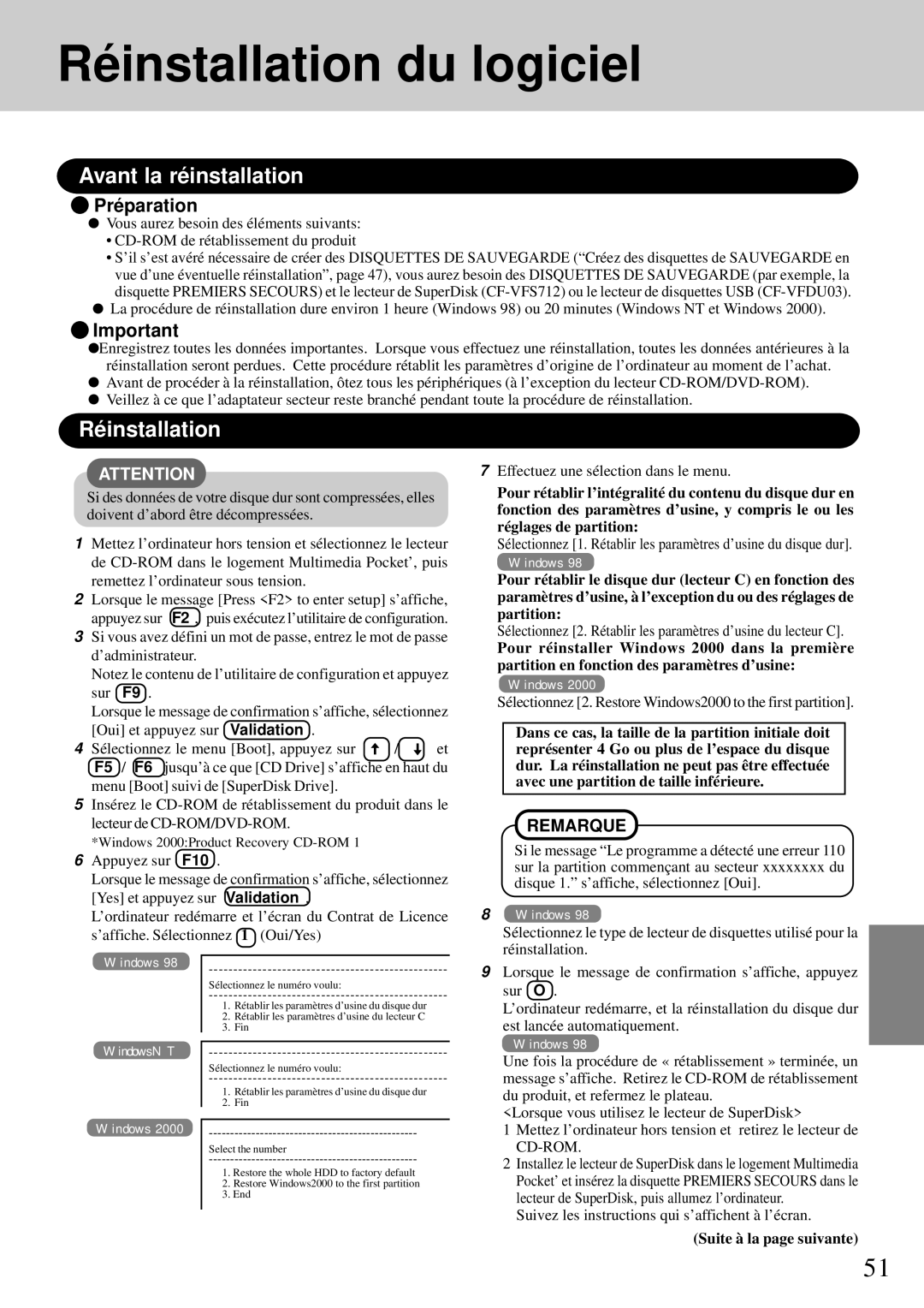 Panasonic CF-72 Réinstallation du logiciel, Avant la réinstallation, Préparation, Suite à la page suivante 