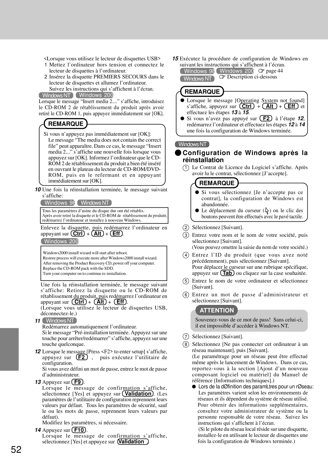 Panasonic CF-72 operating instructions Configuration de Windows après la réinstallation, Alt + Eff 