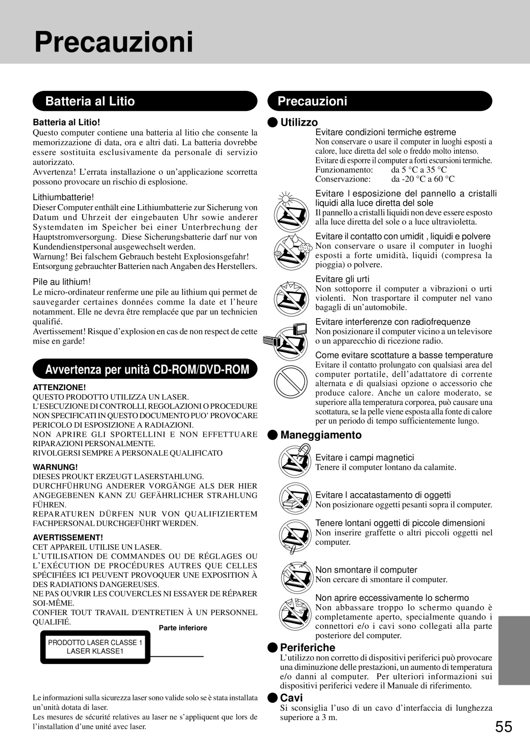 Panasonic CF-72 operating instructions Batteria al Litio Precauzioni 