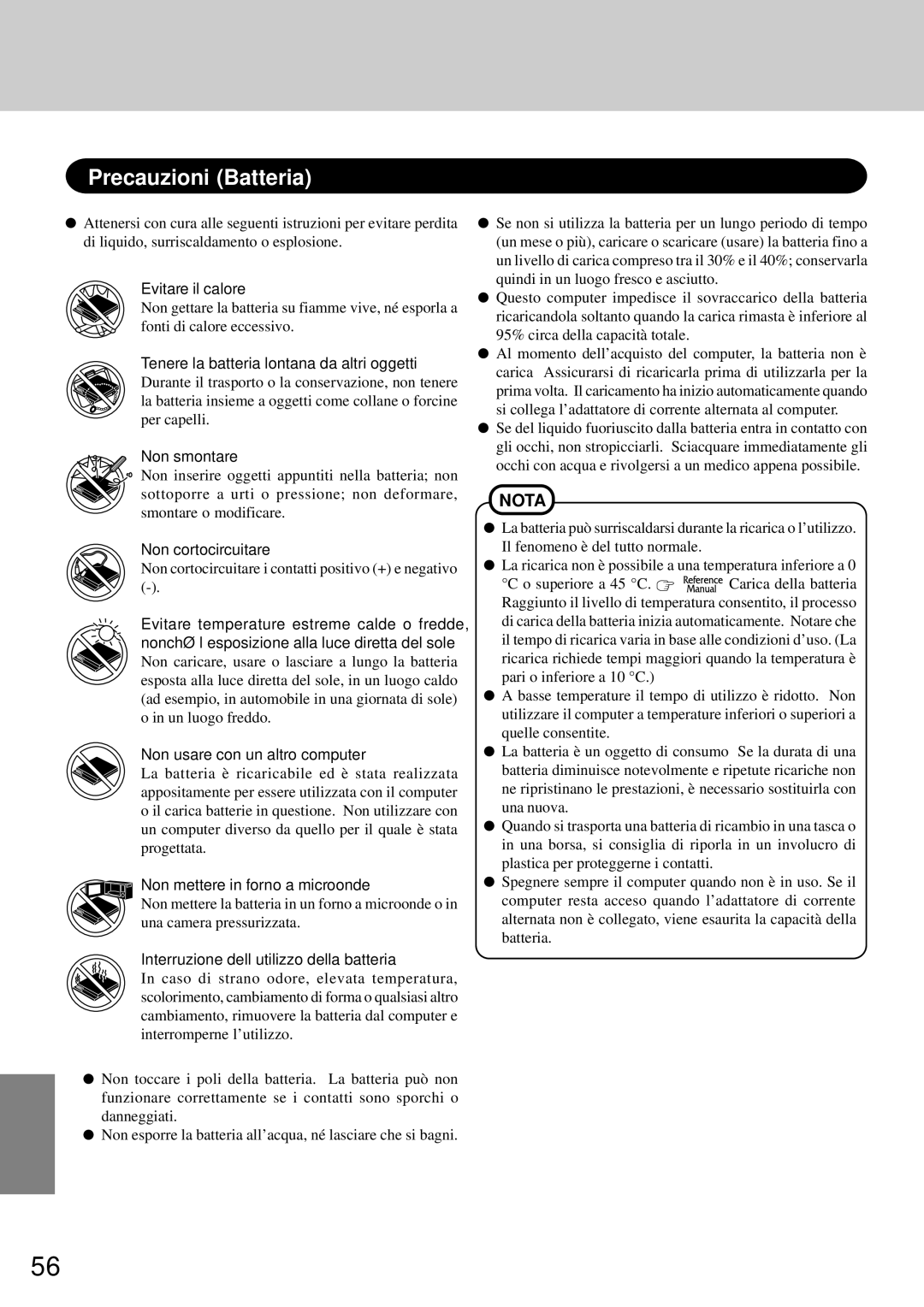 Panasonic CF-72 operating instructions Precauzioni Batteria 