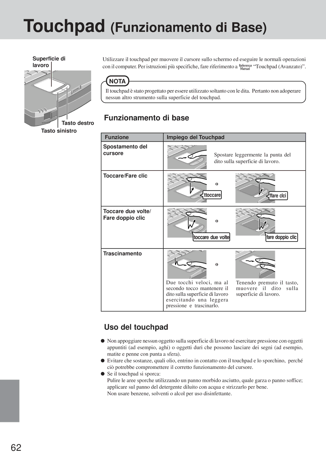 Panasonic CF-72 Touchpad Funzionamento di Base, Funzionamento di base, Uso del touchpad, Superficie di lavoro 