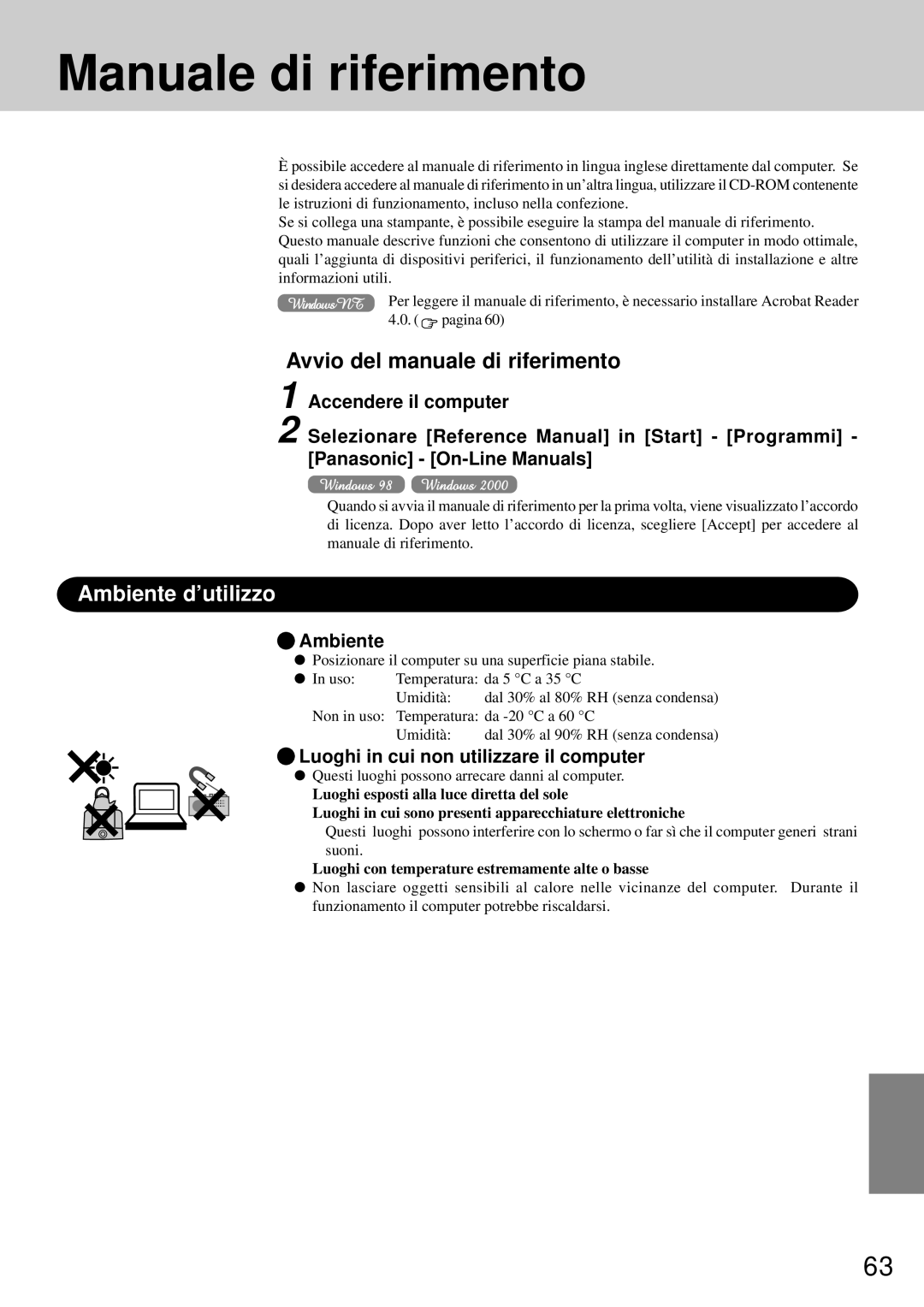 Panasonic CF-72 Manuale di riferimento, Ambiente d’utilizzo, Luoghi in cui non utilizzare il computer 