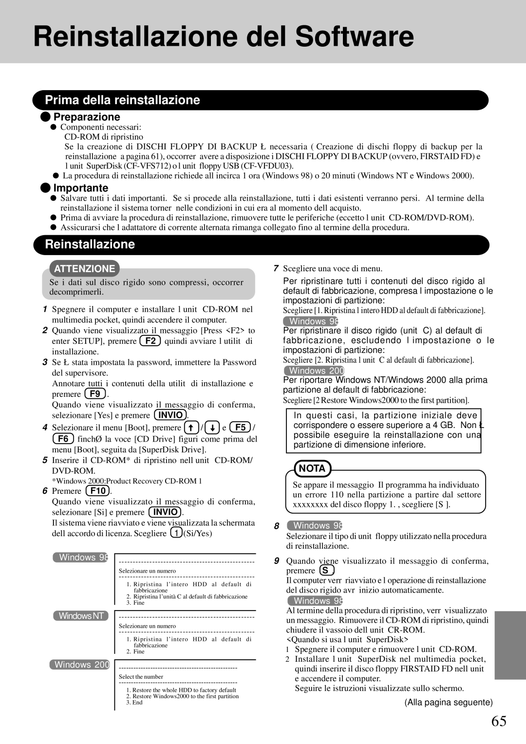 Panasonic CF-72 operating instructions Reinstallazione del Software, Prima della reinstallazione, Preparazione, Importante 