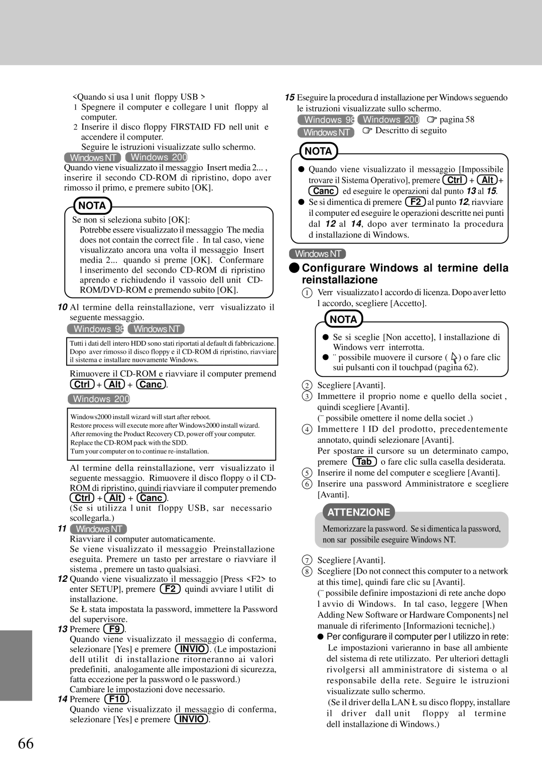 Panasonic CF-72 operating instructions Configurare Windows al termine della reinstallazione, Ctrl + Alt + Canc 