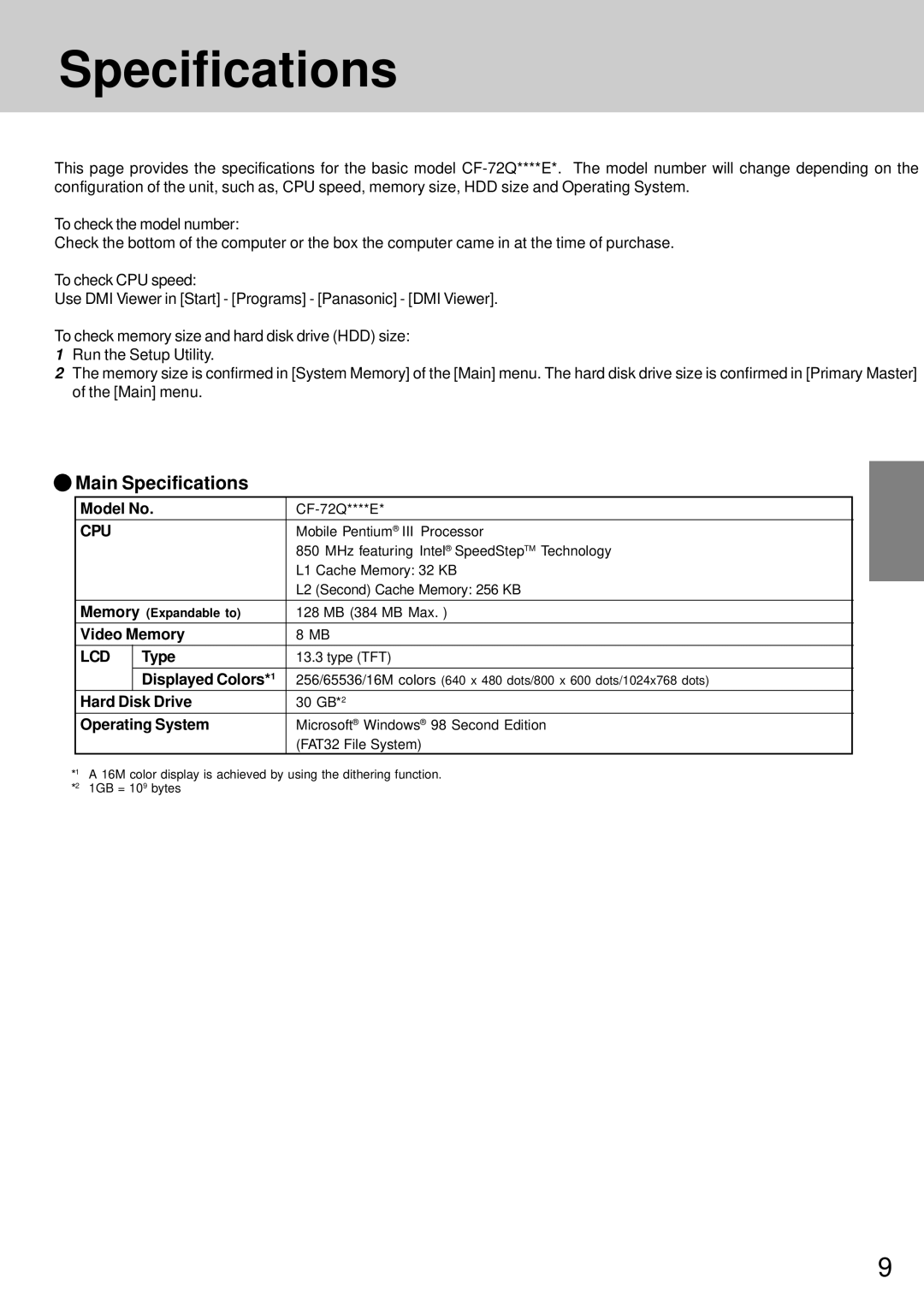 Panasonic CF-72 operating instructions Main Specifications 