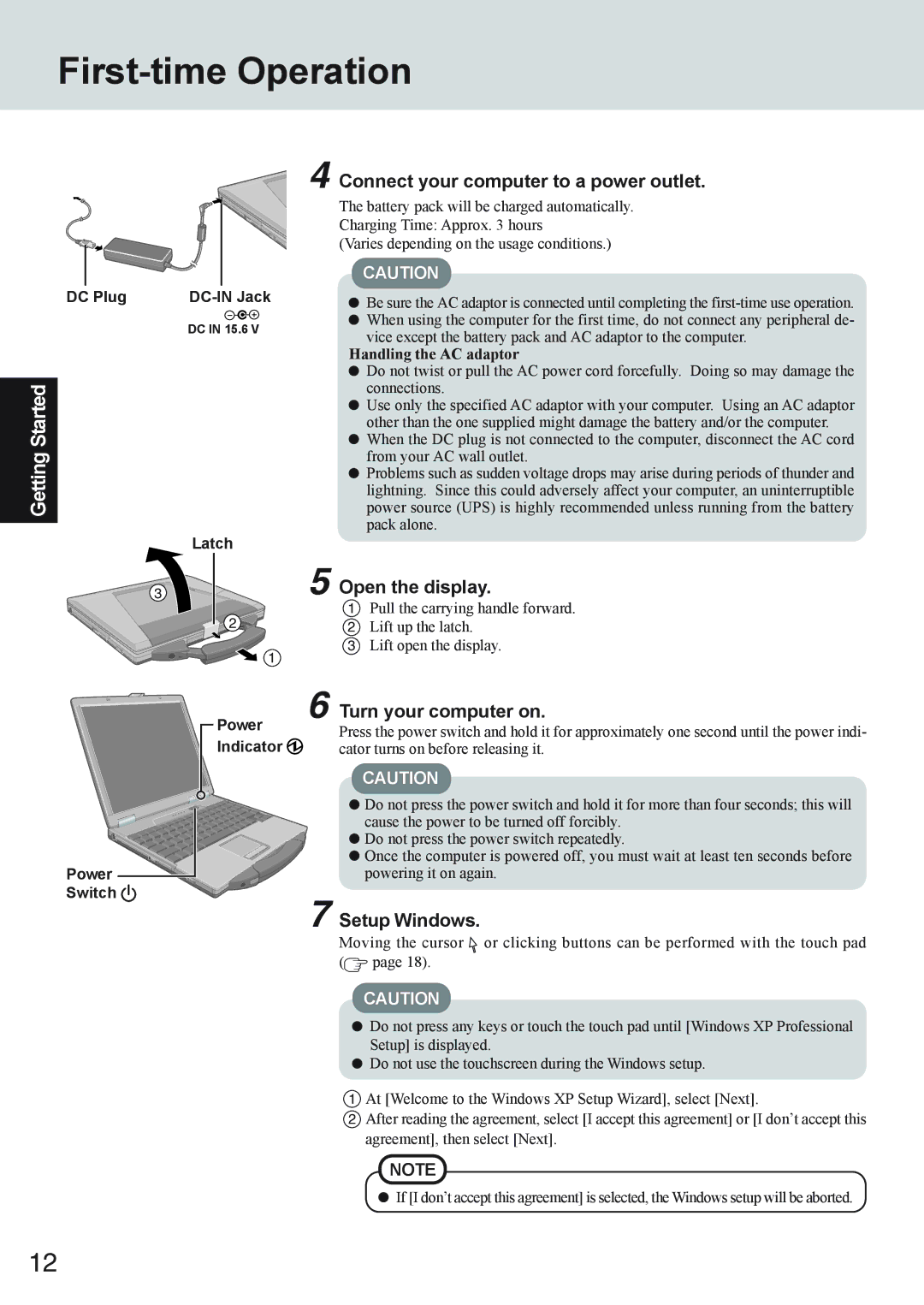 Panasonic CF-73 Series First-time Operation, Connect your computer to a power outlet, Open the display, Setup Windows 