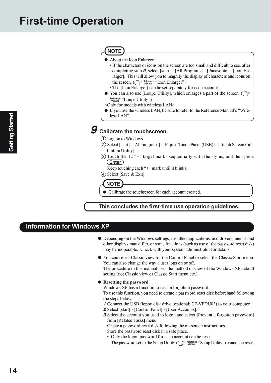 Panasonic CF-73 Series appendix Information for Windows XP, Calibrate the touchscreen, Resetting the password 