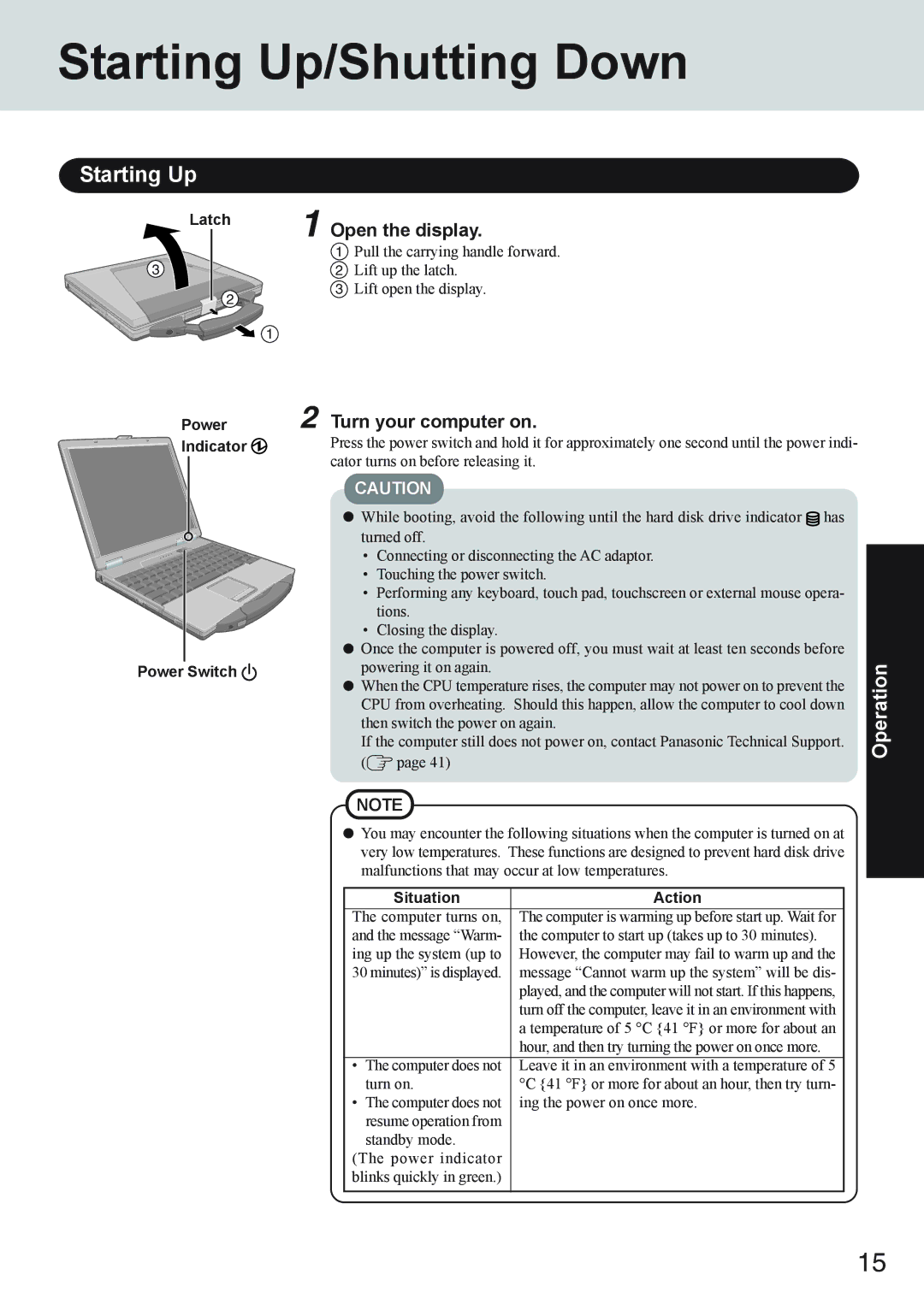 Panasonic CF-73 Series appendix Starting Up/Shutting Down, Latch Power Indicator Power Switch, Situation Action 