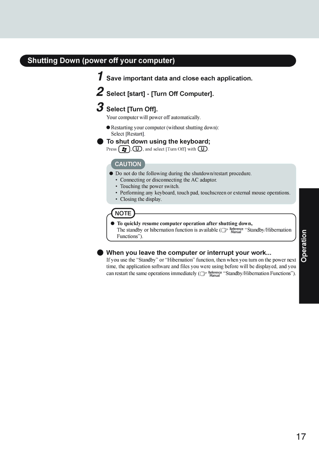 Panasonic CF-73 Series appendix Shutting Down power off your computer, To shut down using the keyboard 