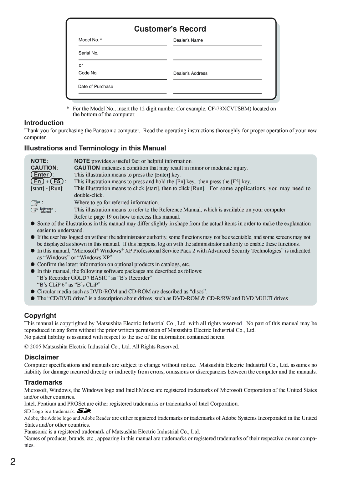 Panasonic CF-73 Series Introduction, Illustrations and Terminology in this Manual, Copyright Disclaimer Trademarks, Enter 