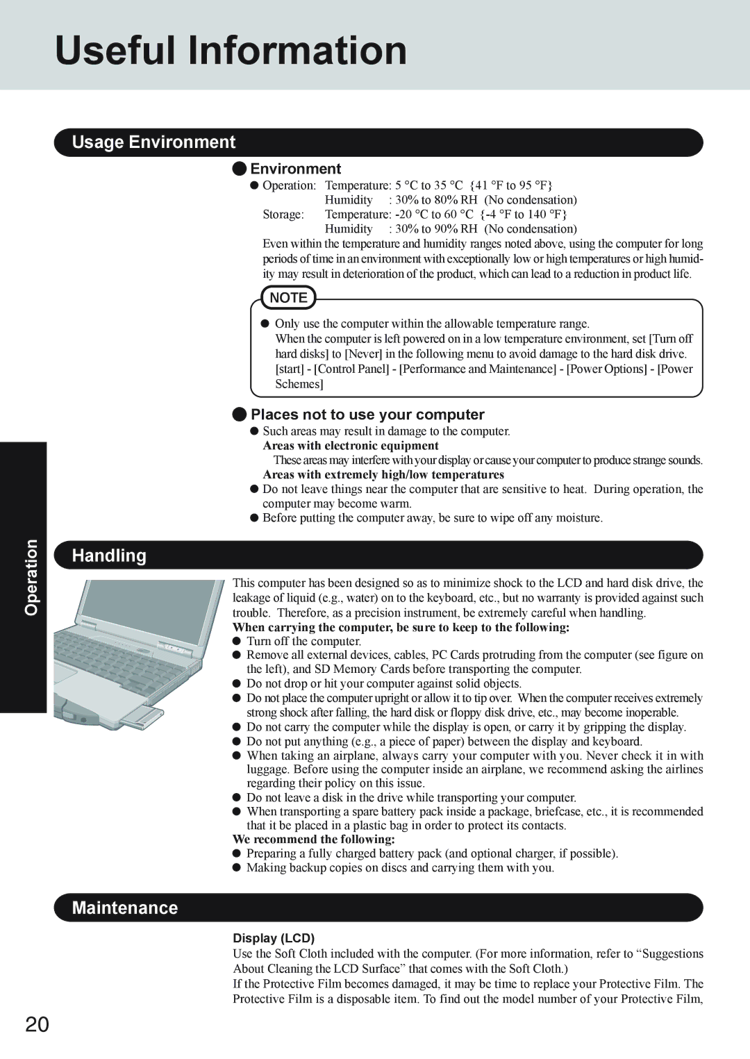 Panasonic CF-73 Series appendix Useful Information, Usage Environment, Handling, Maintenance 