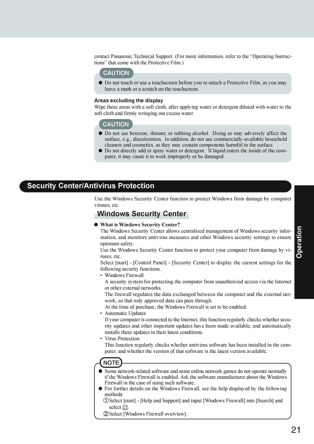 Panasonic CF-73 Series Security Center/Antivirus Protection, Areas excluding the display, What is Windows Security Center? 