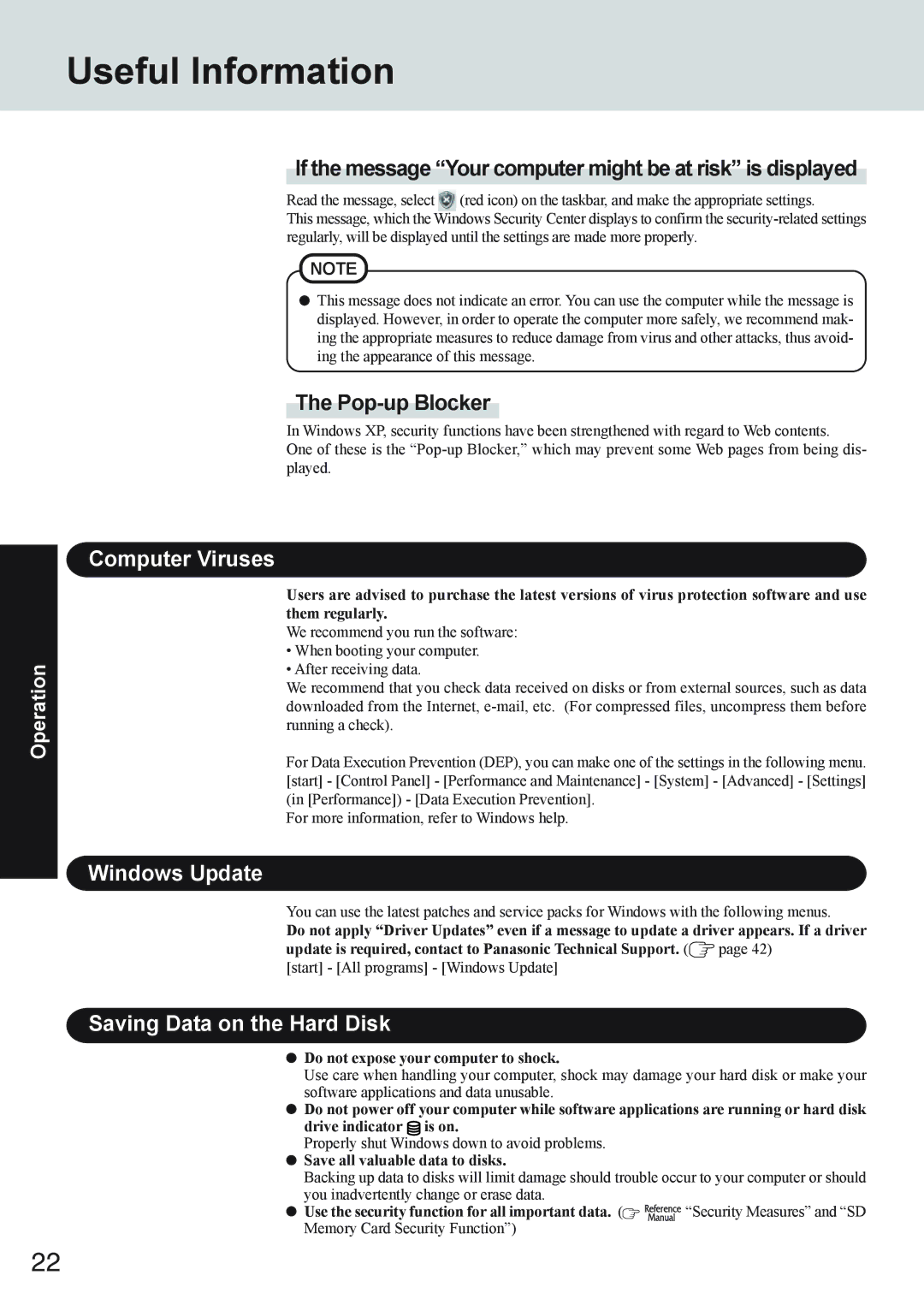 Panasonic CF-73 Series appendix Useful Information, Computer Viruses, Windows Update, Saving Data on the Hard Disk 