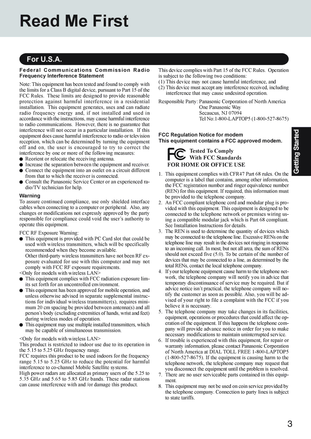 Panasonic CF-73 Series appendix Read Me First, For U.S.A, FCC Regulation Notice for modem 