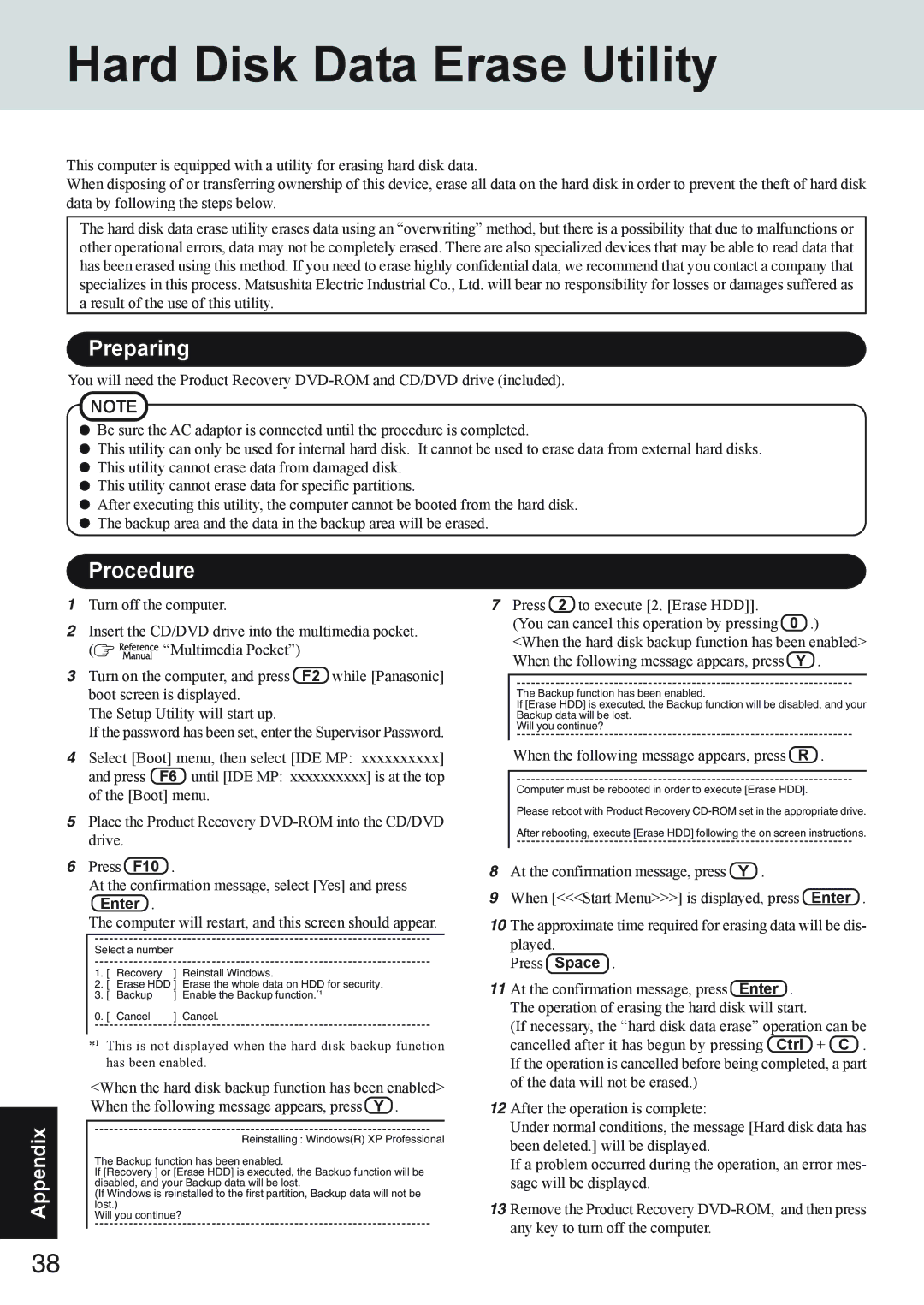 Panasonic CF-73 Series appendix Hard Disk Data Erase Utility, Procedure 