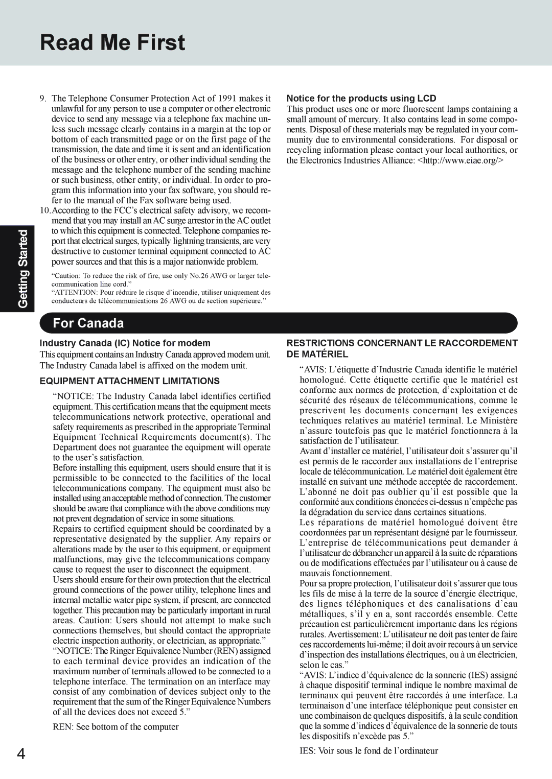 Panasonic CF-73 Series appendix Read Me First, For Canada, Industry Canada IC Notice for modem 