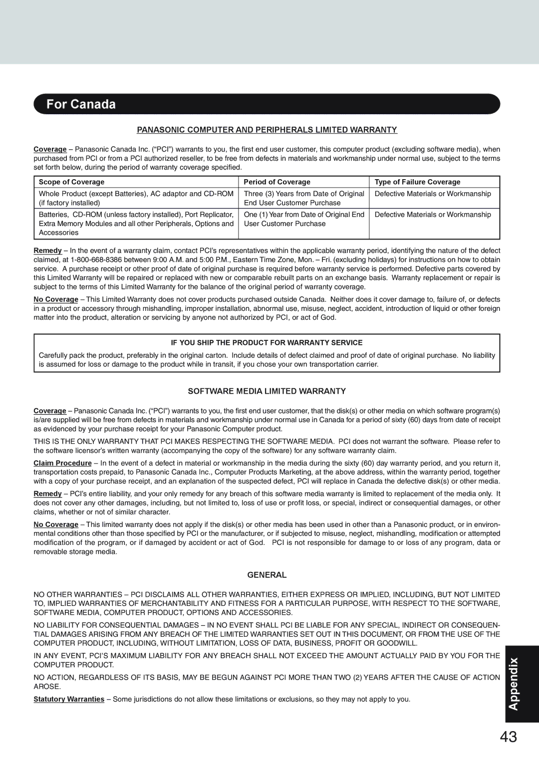 Panasonic CF-73 Series appendix Panasonic Computer and Peripherals Limited Warranty 