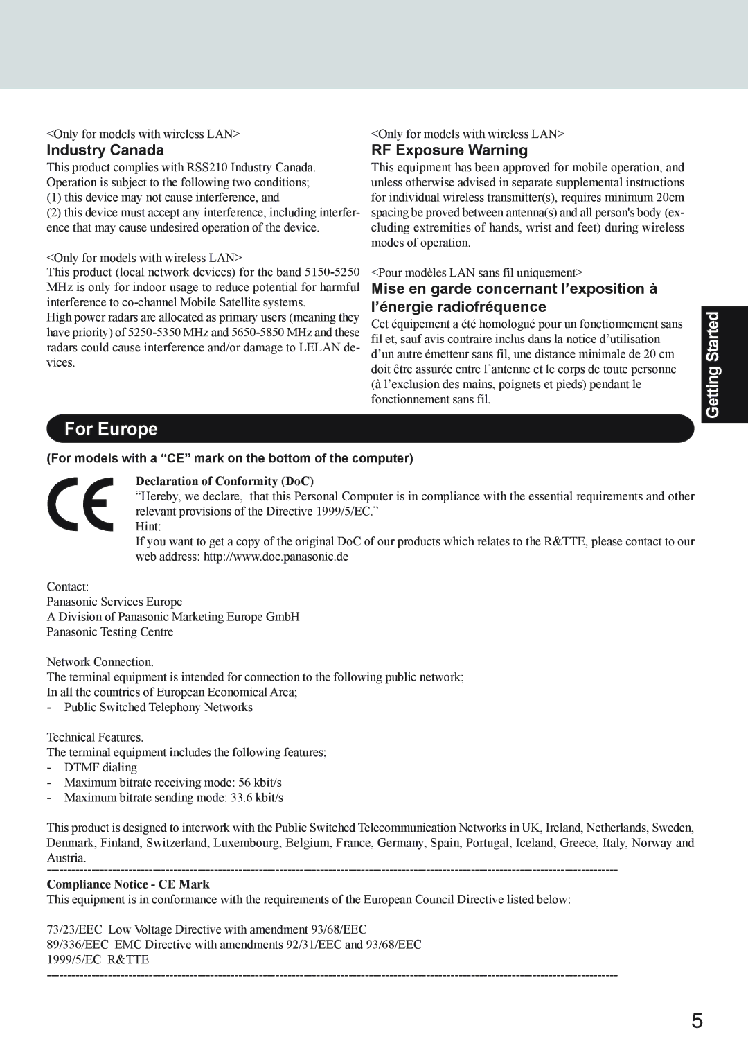 Panasonic CF-73 Series appendix For Europe, Industry Canada, RF Exposure Warning 