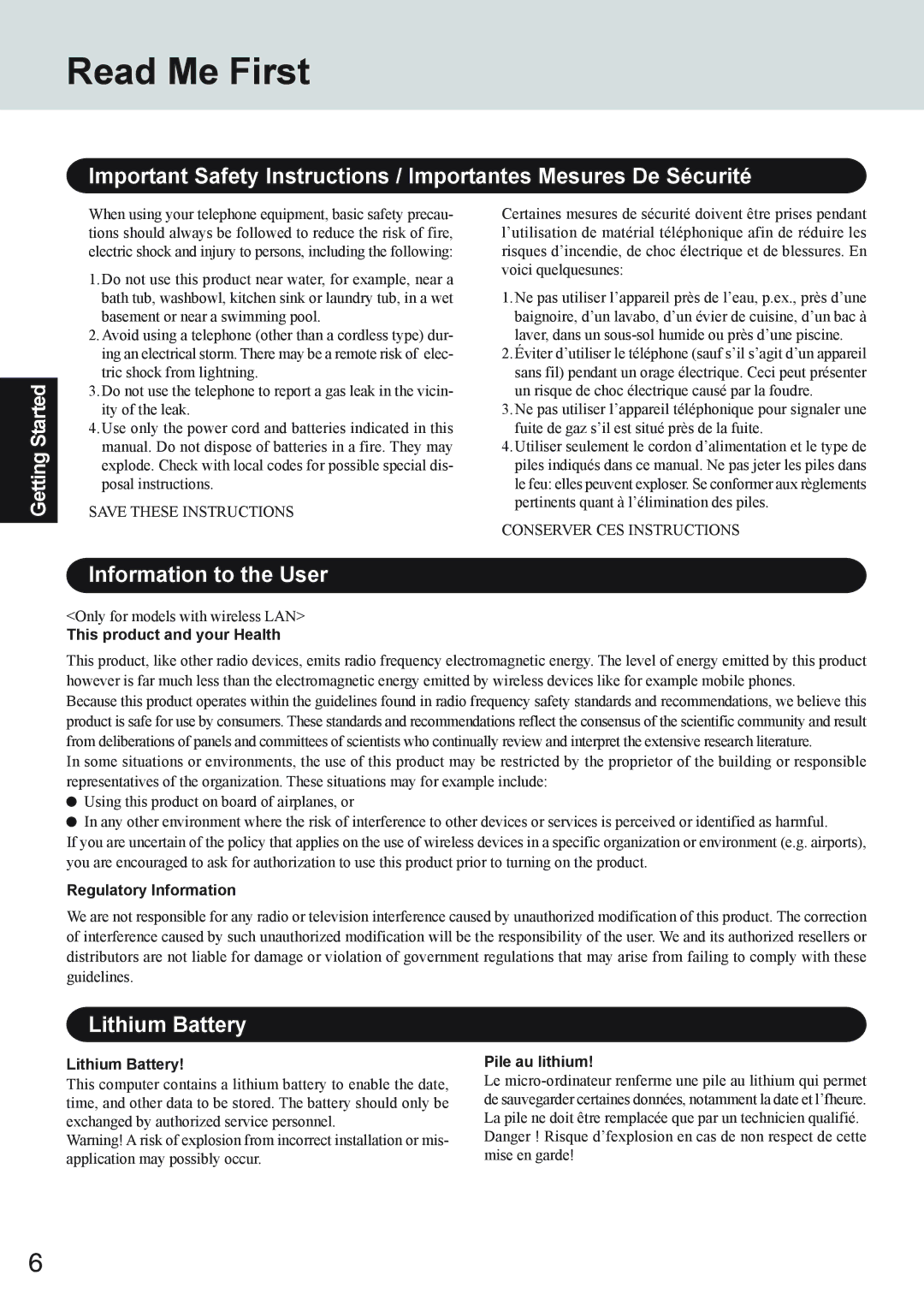 Panasonic CF-73 Series appendix Information to the User, Lithium Battery 