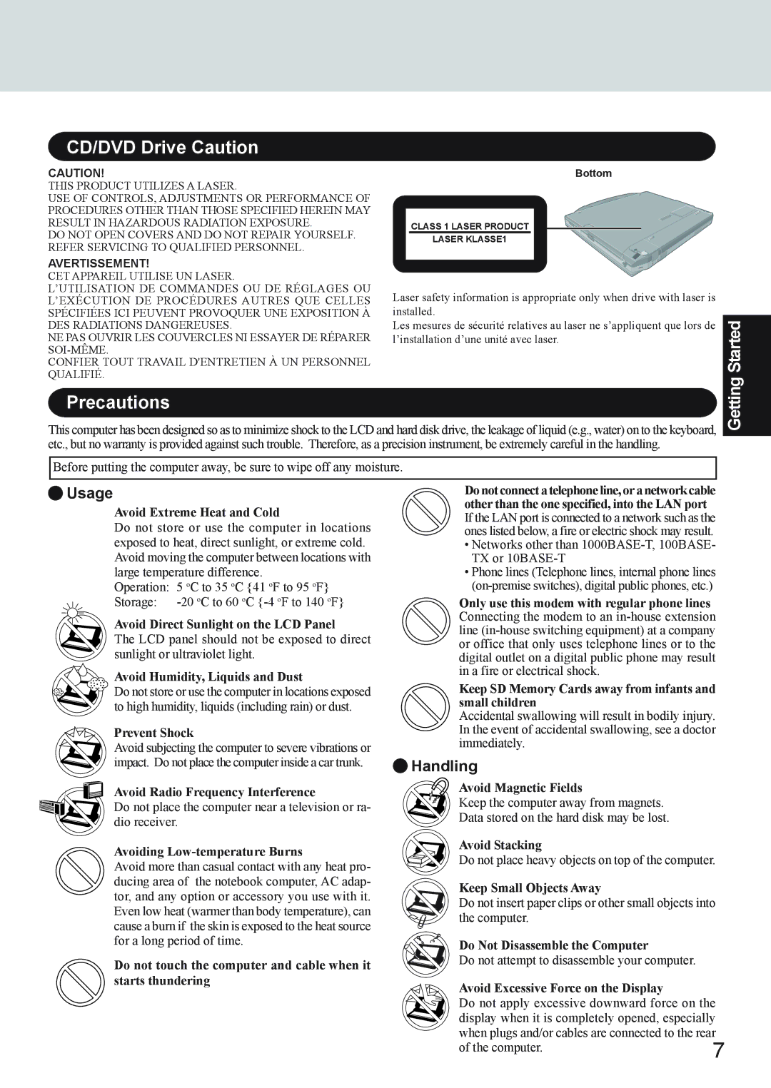 Panasonic CF-73 Series appendix CD/DVD Drive Caution, Precautions, Usage 