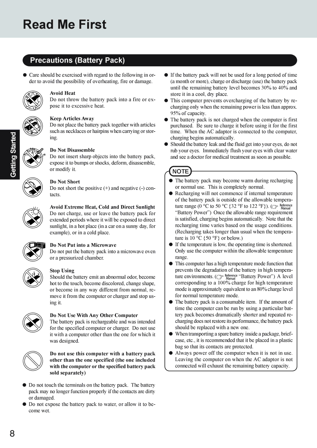 Panasonic CF-73 Series appendix Precautions Battery Pack 