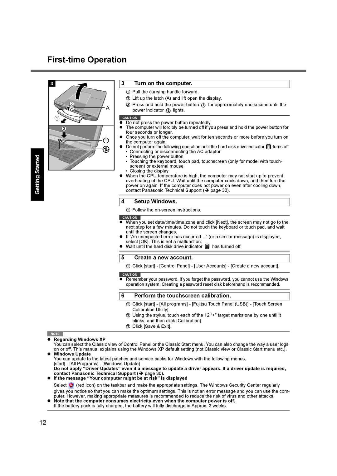 Panasonic CF-74 appendix First-time Operation, Turn on the computer, Setup Windows, Create a new account 