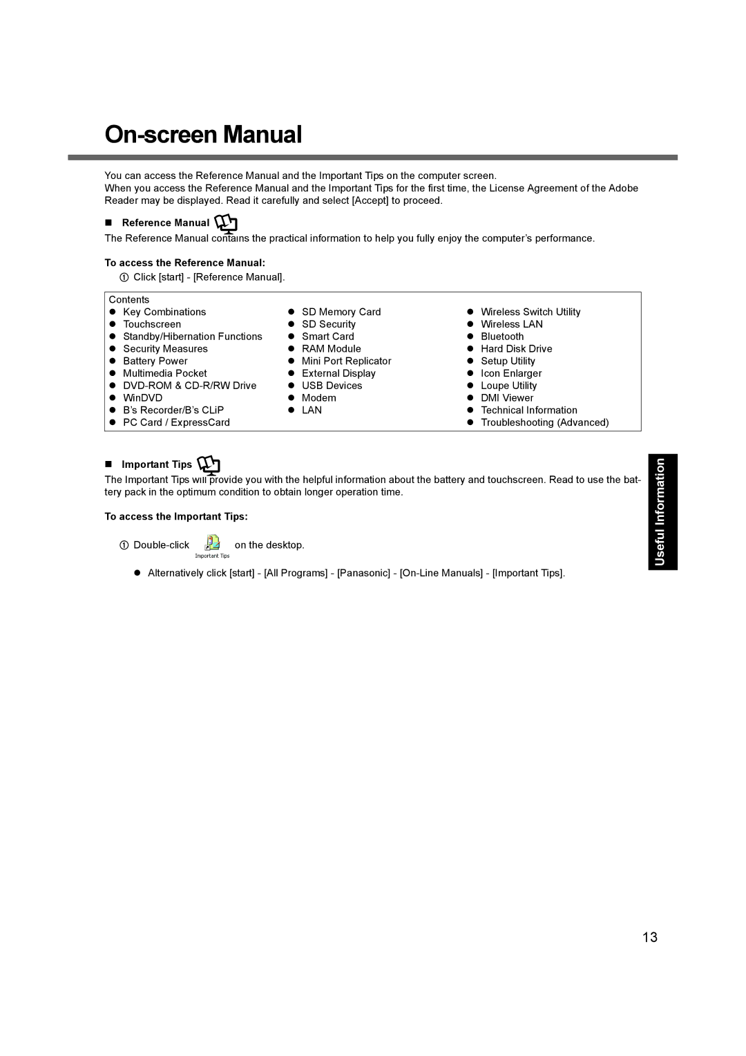 Panasonic CF-74 appendix On-screen Manual, „ Reference Manual, To access the Reference Manual, „ Important Tips 