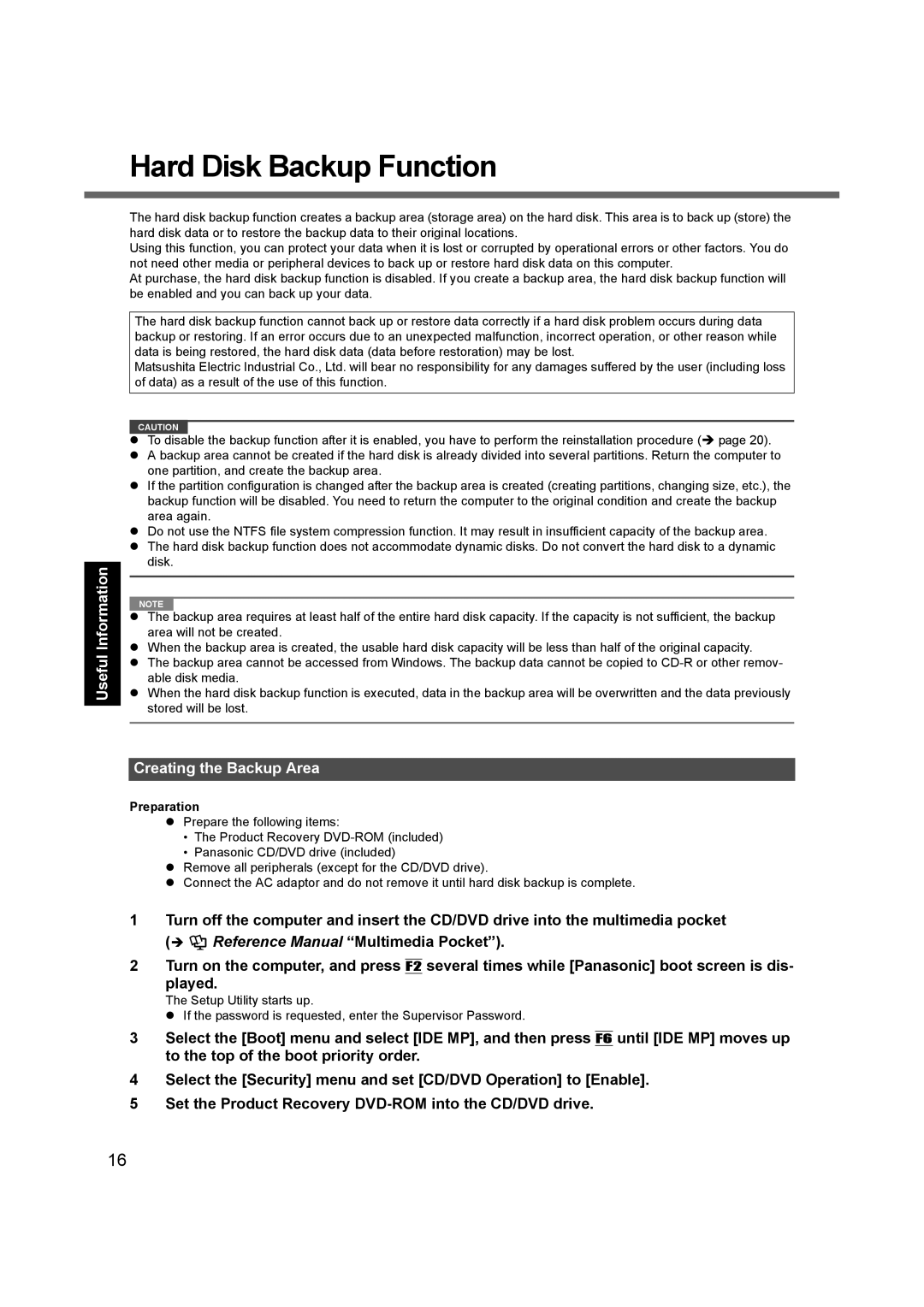 Panasonic CF-74 Hard Disk Backup Function, Troubleshooting Useful Information Getting Started, Creating the Backup Area 