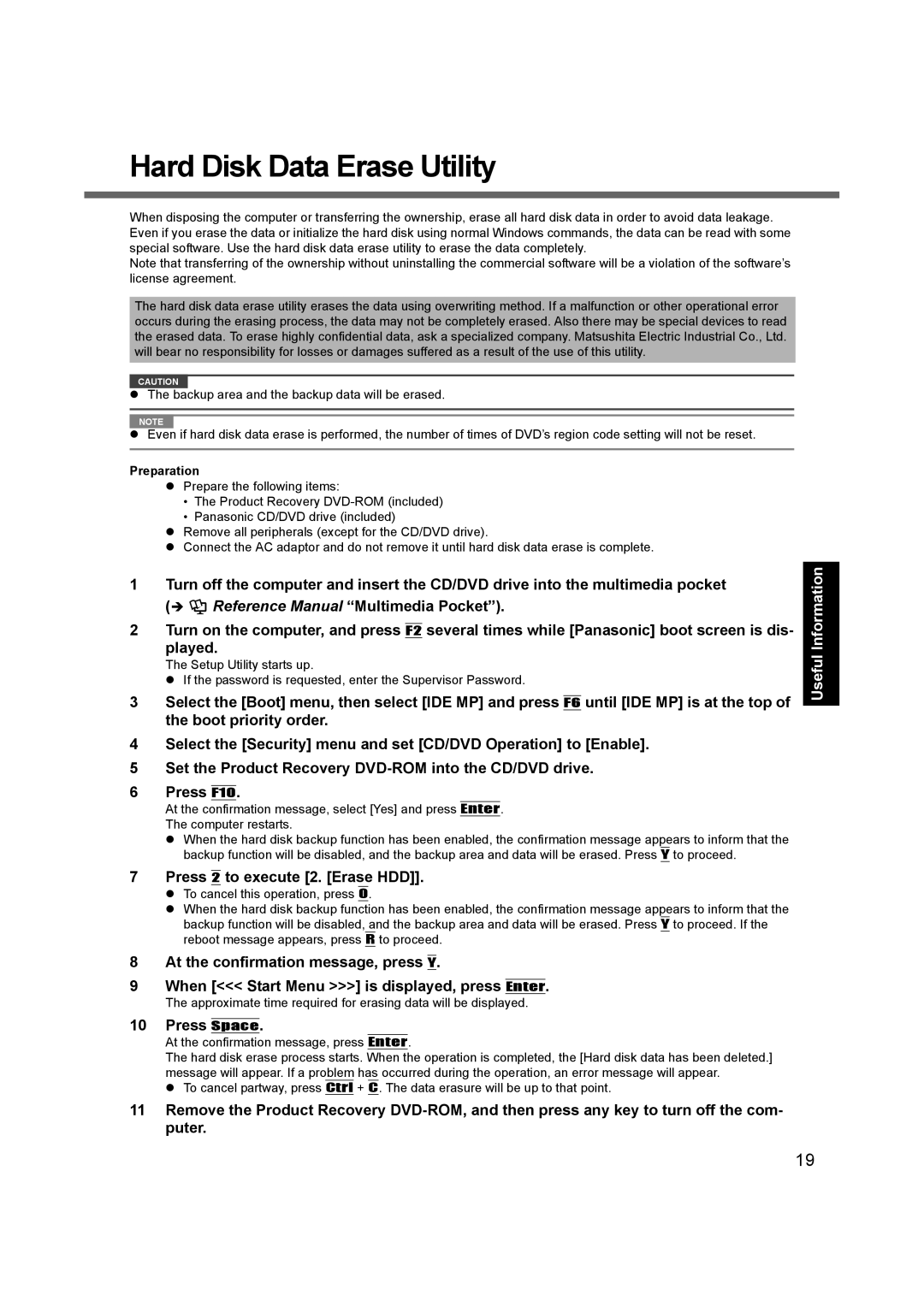 Panasonic CF-74 appendix Hard Disk Data Erase Utility, Press 2 to execute 2. Erase HDD, Press Space 