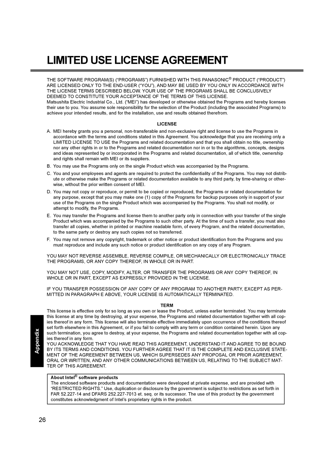 Panasonic CF-74 appendix License, Term, About Intel software products 