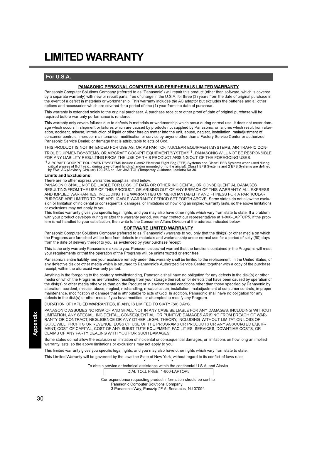 Panasonic CF-74 appendix For U.S.A, Limits and Exclusions, Software Limited Warranty 