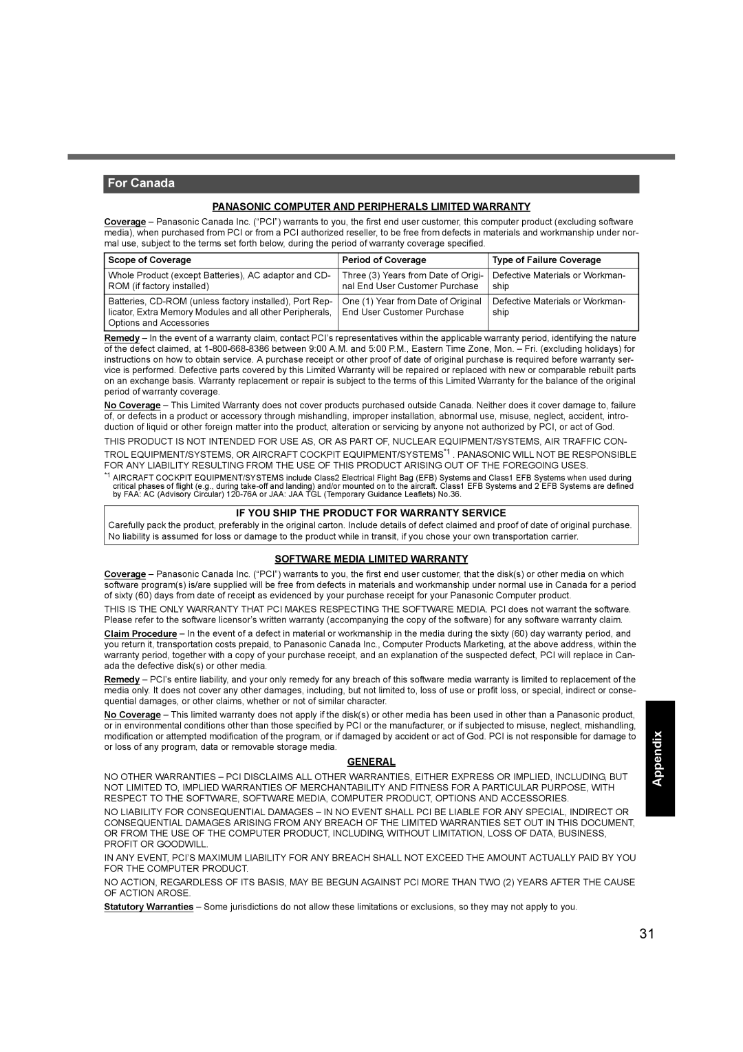 Panasonic CF-74 For Canada, Panasonic Computer and Peripherals Limited Warranty, Software Media Limited Warranty, General 