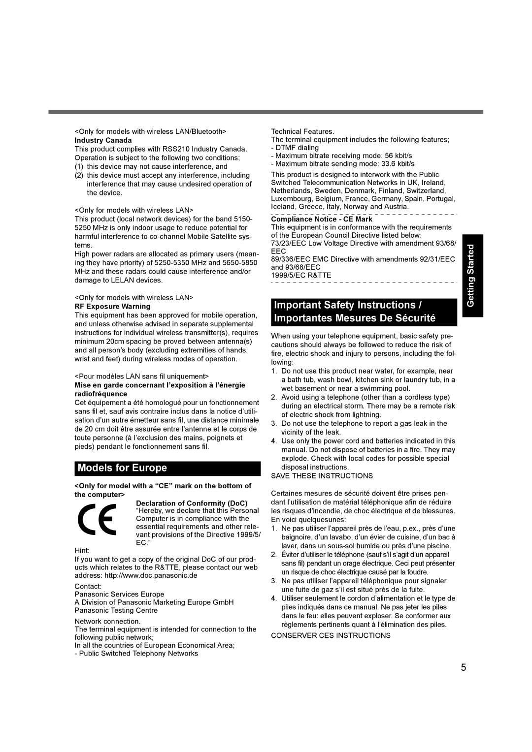 Panasonic CF-74 appendix Models for Europe, Industry Canada, RF Exposure Warning, Compliance Notice CE Mark 