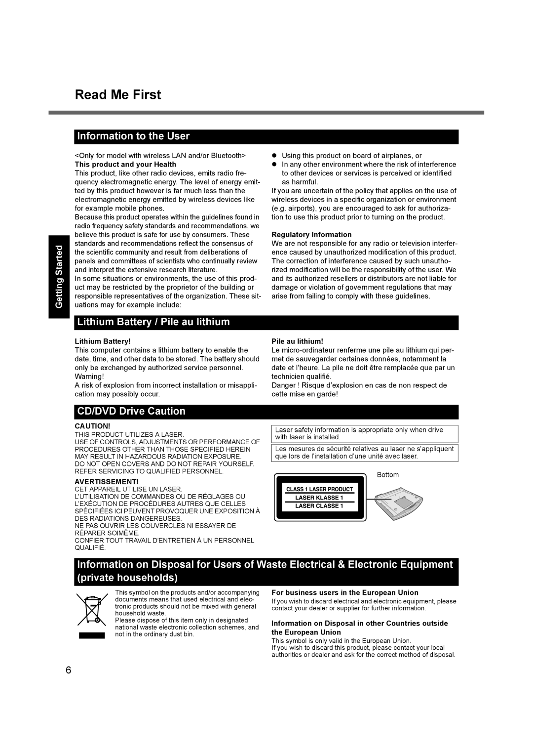 Panasonic CF-74 appendix Information to the User, Lithium Battery / Pile au lithium, CD/DVD Drive Caution 