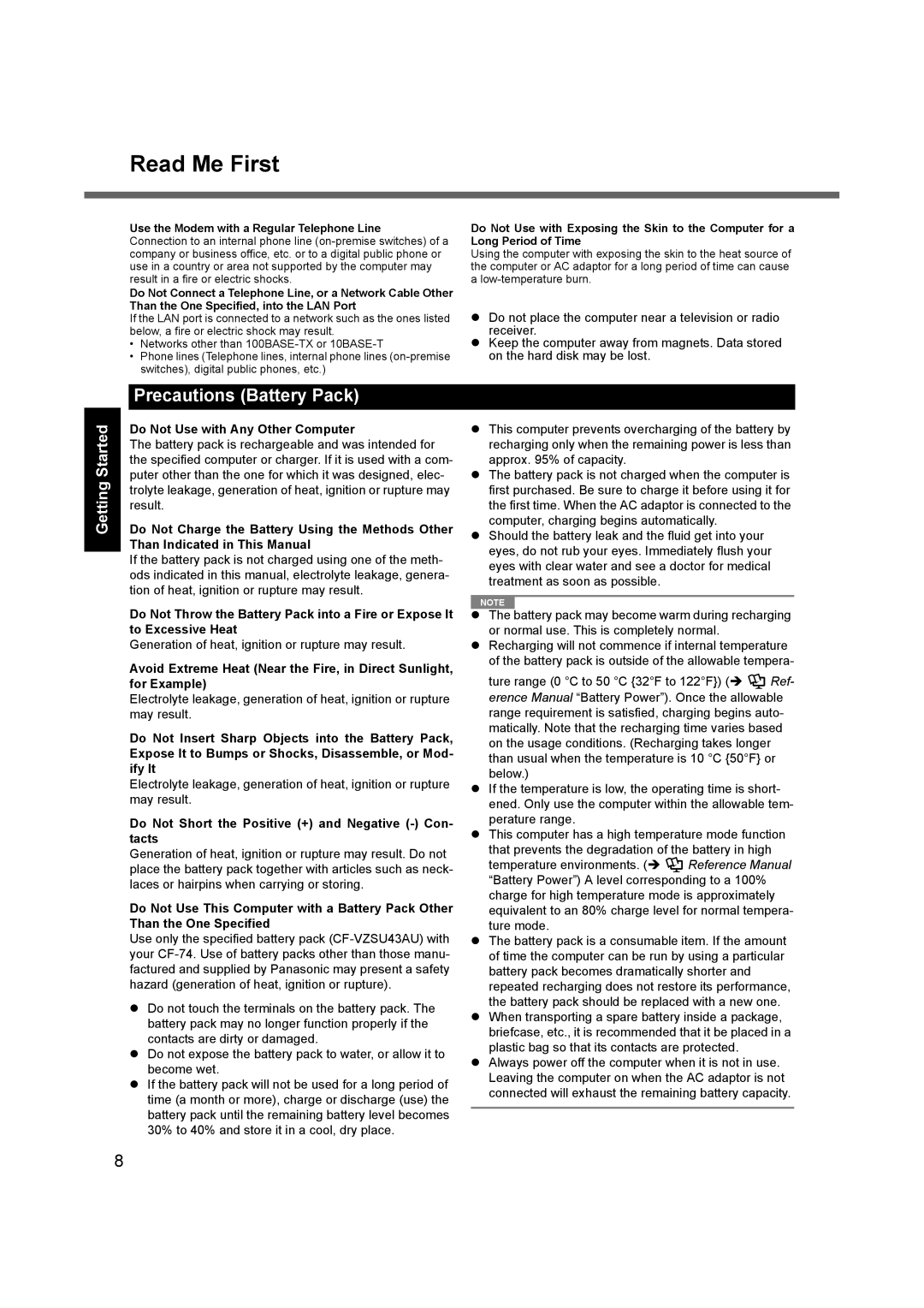 Panasonic CF-74 appendix Precautions Battery Pack, Do Not Use with Any Other Computer 