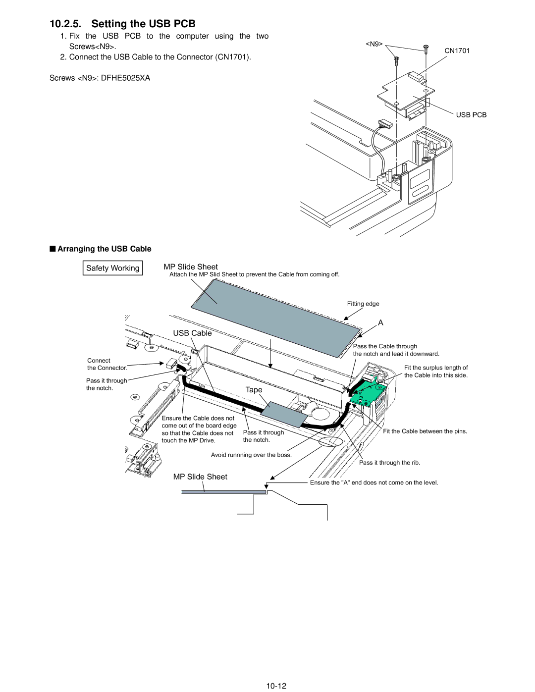 Panasonic CF-74CCBAXBM manual Setting the USB PCB, Arranging the USB Cable, Safety Working MP Slide Sheet, USB Cable Tape 