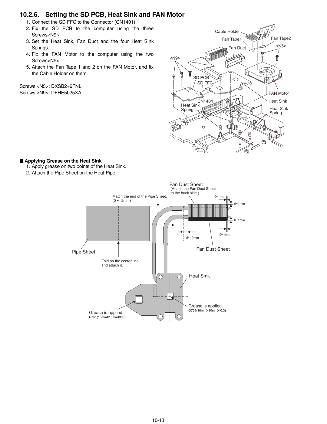 Panasonic CF-74CCBAXBM manual Setting the SD PCB, Heat Sink and FAN Motor, Applying Grease on the Heat Sink, Pipe Sheet 