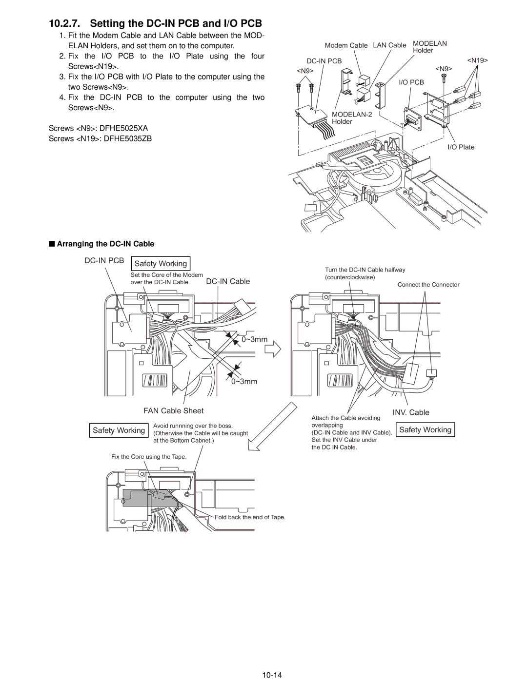 Panasonic CF-74CCBAXBM Setting the DC-IN PCB and I/O PCB, Arranging the DC-IN Cable, FAN Cable Sheet DC-IN Cable ~3mm, Pcb 