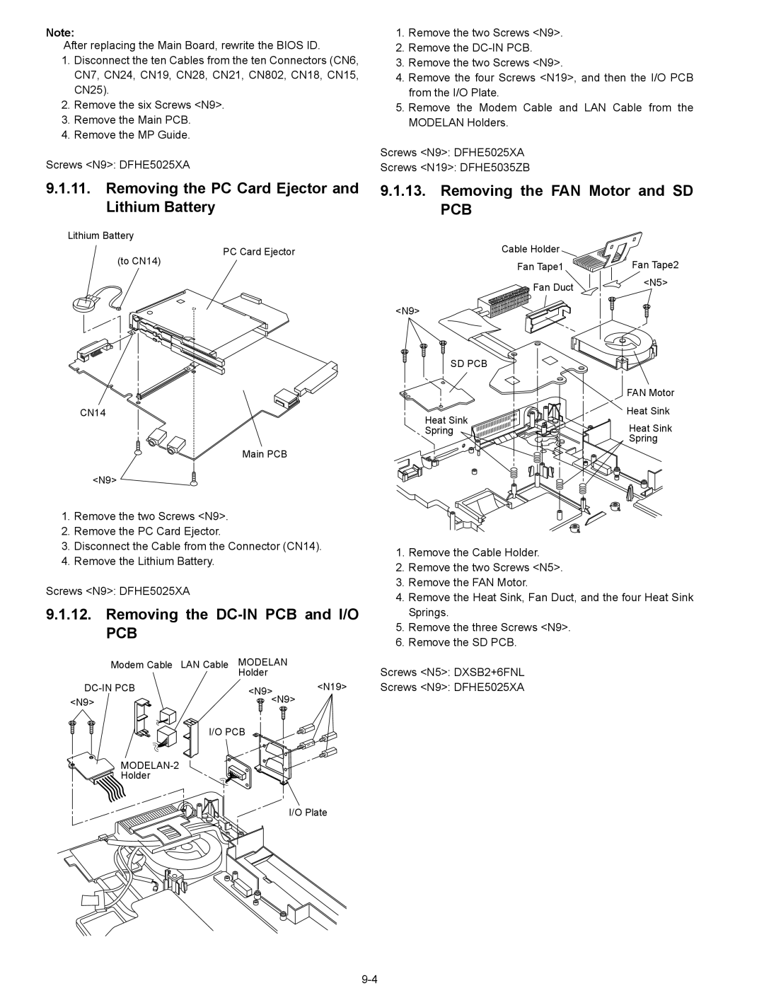 Panasonic CF-74ECBGDBM manual Removing the PC Card Ejector and Lithium Battery, Removing the FAN Motor and SD PCB 