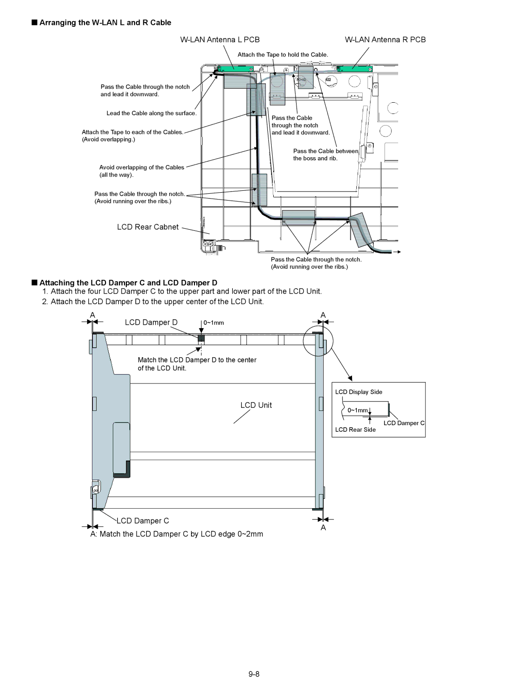 Panasonic CF-74ECBGDBM manual Arranging the W-LAN L and R Cable, Attaching the LCD Damper C and LCD Damper D 