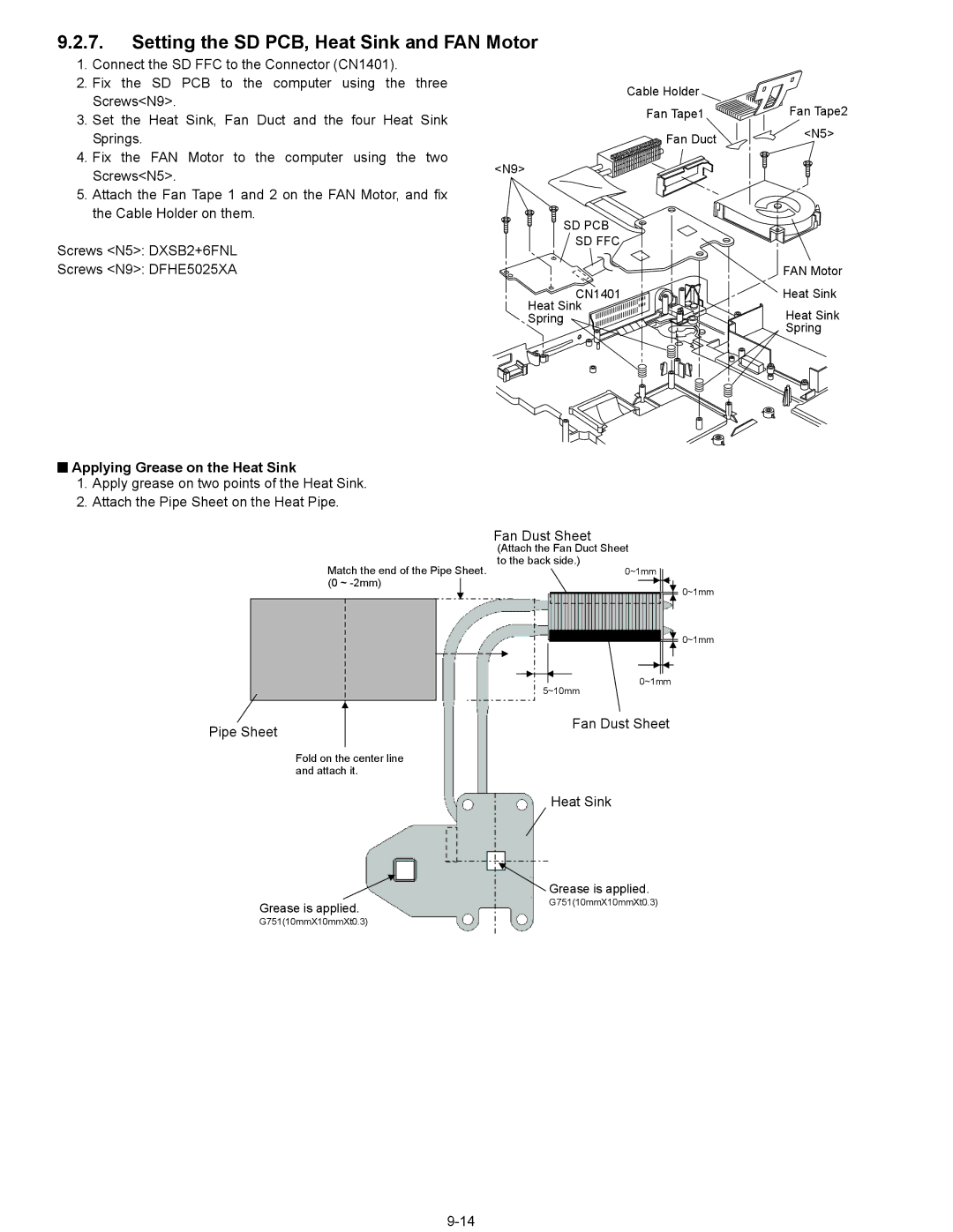 Panasonic CF-74ECBGDBM manual Setting the SD PCB, Heat Sink and FAN Motor, Applying Grease on the Heat Sink, Fan Dust Sheet 
