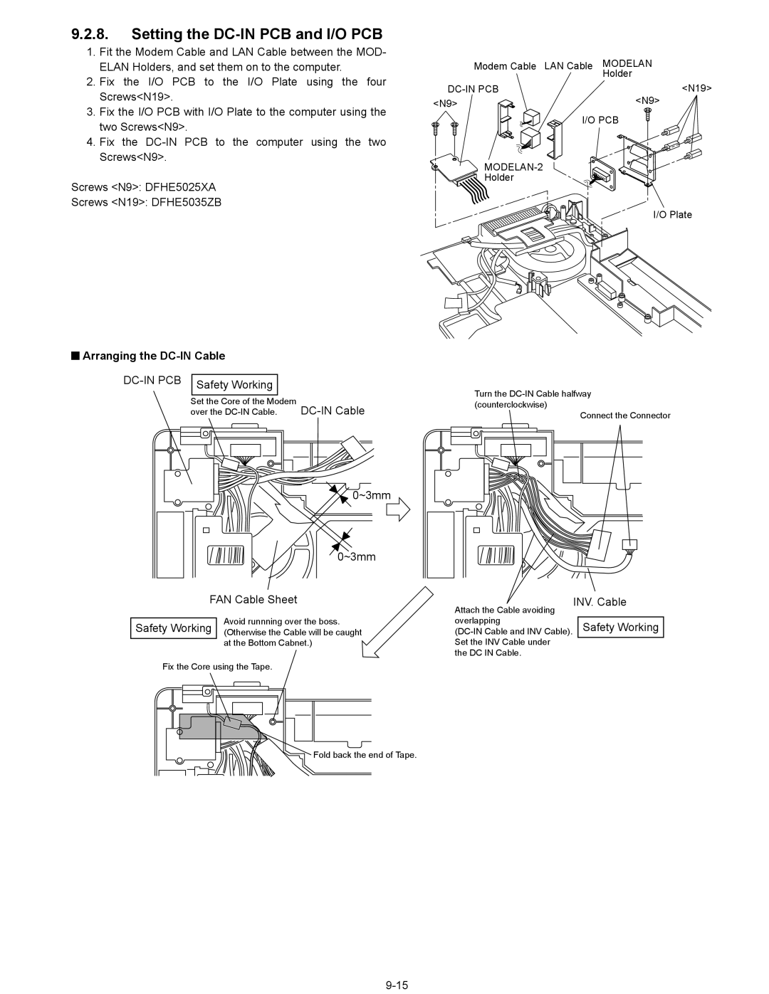 Panasonic CF-74ECBGDBM Setting the DC-IN PCB and I/O PCB, Arranging the DC-IN Cable, FAN Cable Sheet DC-IN Cable ~3mm 