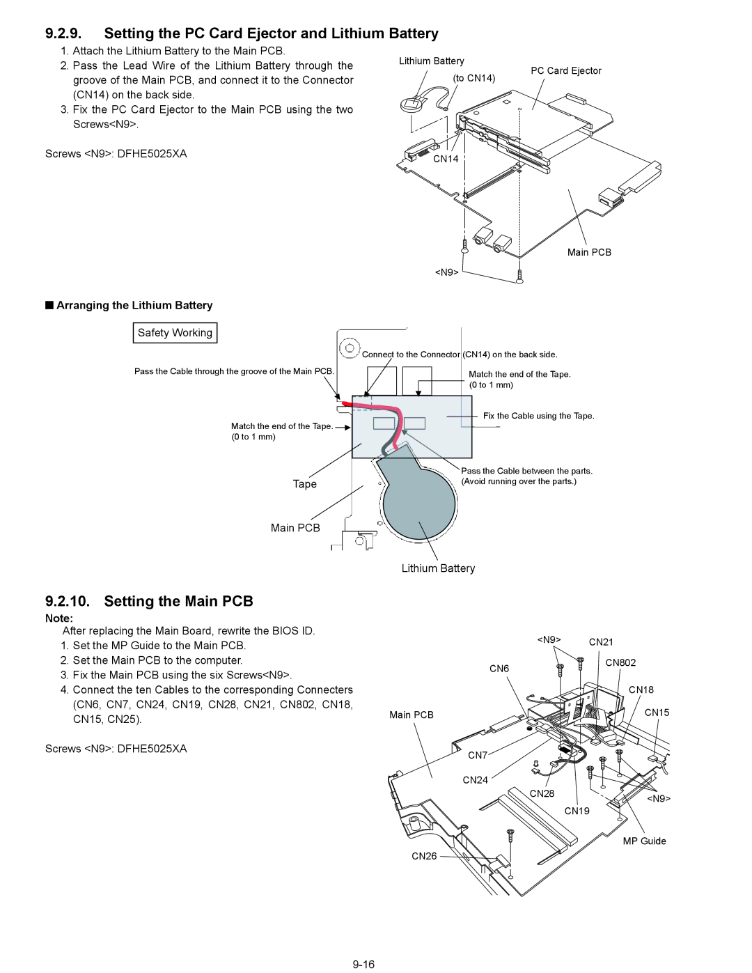 Panasonic CF-74ECBGDBM manual Setting the PC Card Ejector and Lithium Battery, Setting the Main PCB, Tape Main PCB 